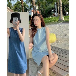 2 màu Đậm/ Nhạt Đầm denim chữ A cổ tròn cộc tay chất dày đẹp form suông ngắn basic dễ thương năng động