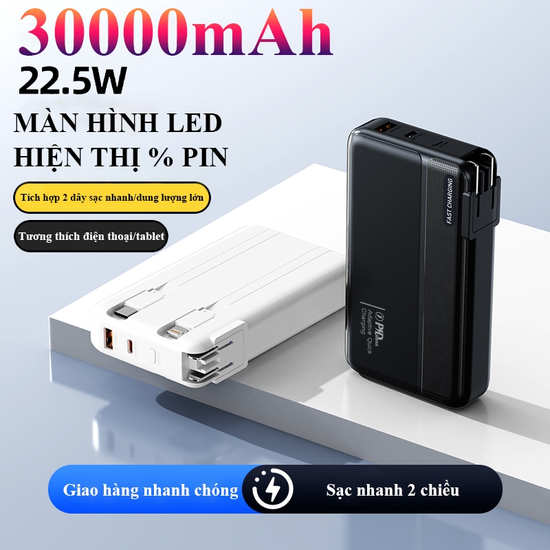 Sạc Dự Phòng 30000mAh Sạc Nhanh 22.5W/PD20 Tích Hợp 2 Dây Sạc Nhanh Đầu Cắm AC Màn Hình hiện thị pin
