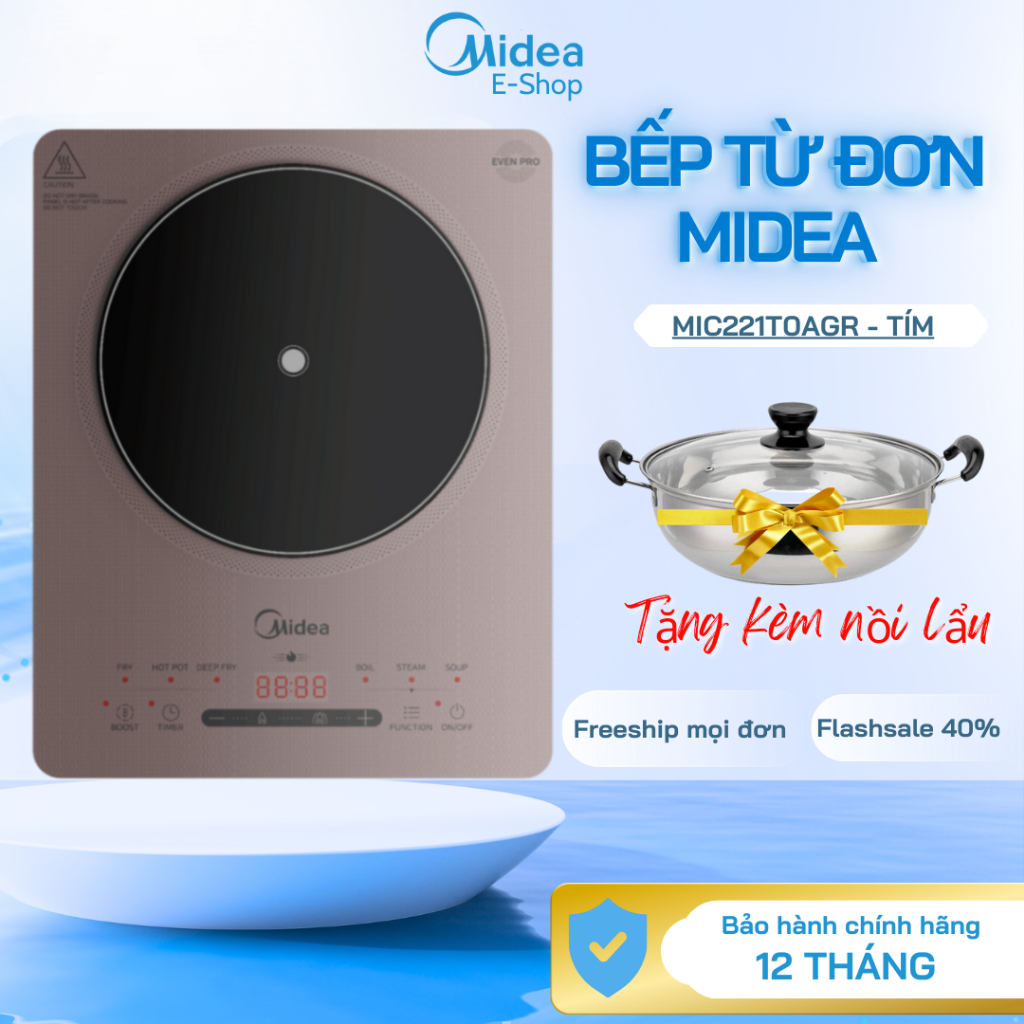 Bếp Từ Đơn Midea MIC221T0AGR |Màu tím, Công Suất 2200W, Có Sôi Liu Riu, Bếp Điện Từ Midea Chính Hãng