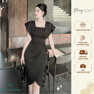Váy Cổ Vuông Tay Hến Thiết Kế Vạt Chéo Sang Chảnh. Đầm Body Dự Tiệc Chất Liệu Umi Hàn Size 40-65Kg