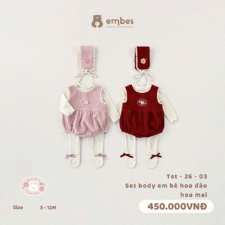   BST TẾT 2026  Set Body Kèm Băng Đô Thêu Hoa Đào Hoa Mai Cho Bé Gái Diện Đón Tết Size Từ 3-12Tháng 
