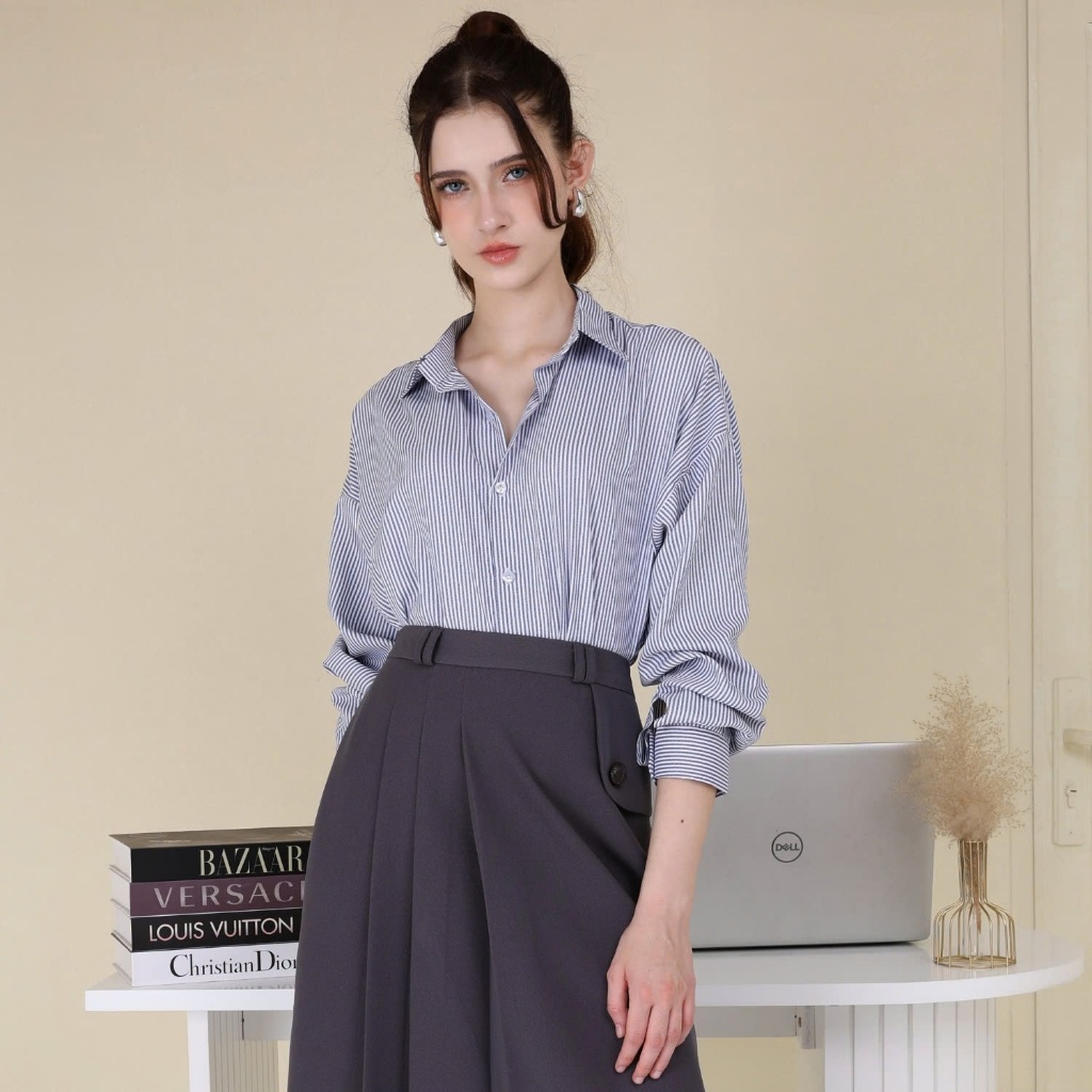 MGRACE - LILA SHIRT Áo Sơ Mi Nữ Kẻ Sọc Chất Liệu Kate Cao Cấp, Dáng Dài, Phong Cách Hàn Quốc, Thanh 