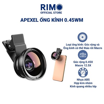 Ống kính lens camera điện thoại Apexel 0.45WM lens chụp ảnh cho điện thoại 2in1 góc rộng và macro