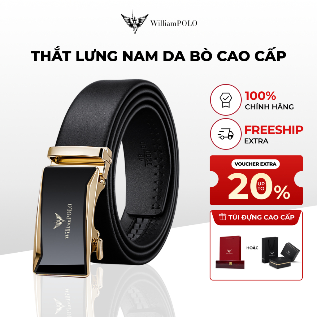 [Siêu bền] Thắt lưng nam cao cấp mặt khóa vàng kính Williampolo chất liệu da bò sang trọng POLO20187-89