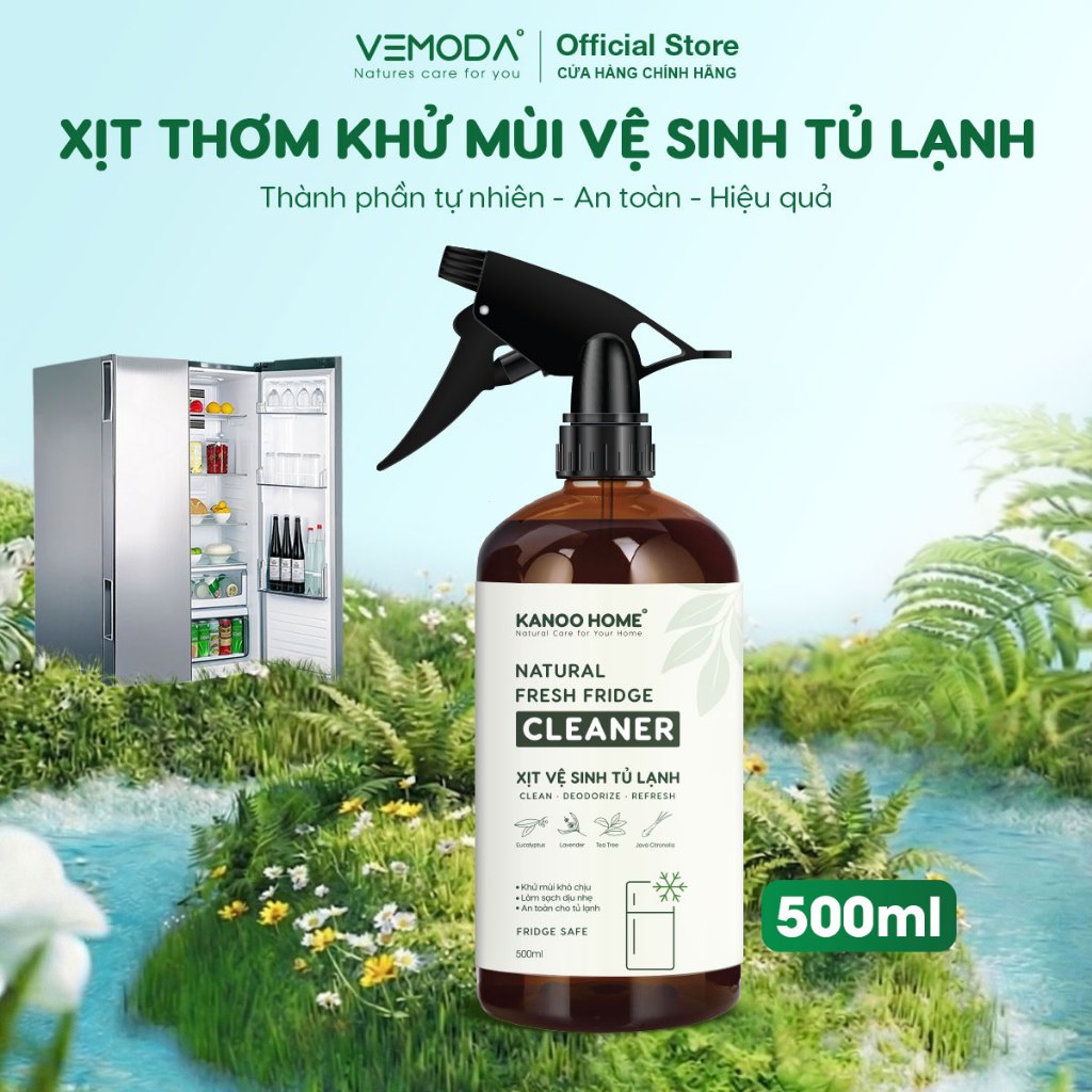 Xịt vệ sinh tủ lạnh Kanoo Home 500ml. Làm sạch nhẹ nhàng, khử mùi tức thì, hương thảo mộc thiên nhiê
