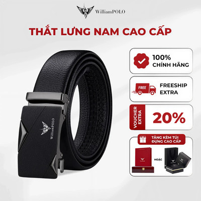 Thắt lưng nam chất liệu da WILLIAMPOLO chính hãng mặt khoá đen nhám đá viền khối POLO20249