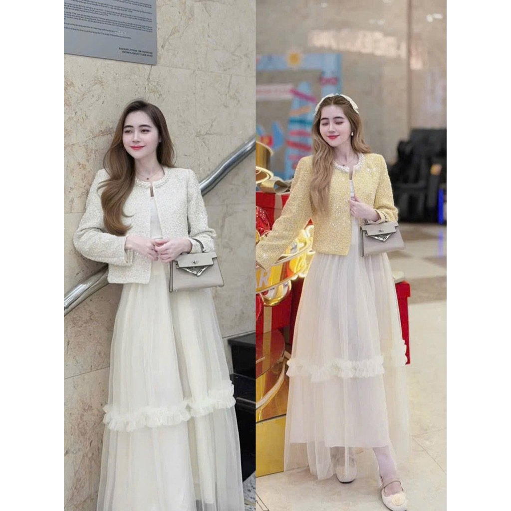 ELyNA studio sét áo dạ cườm ngọc chân váy lưới bèo tầng