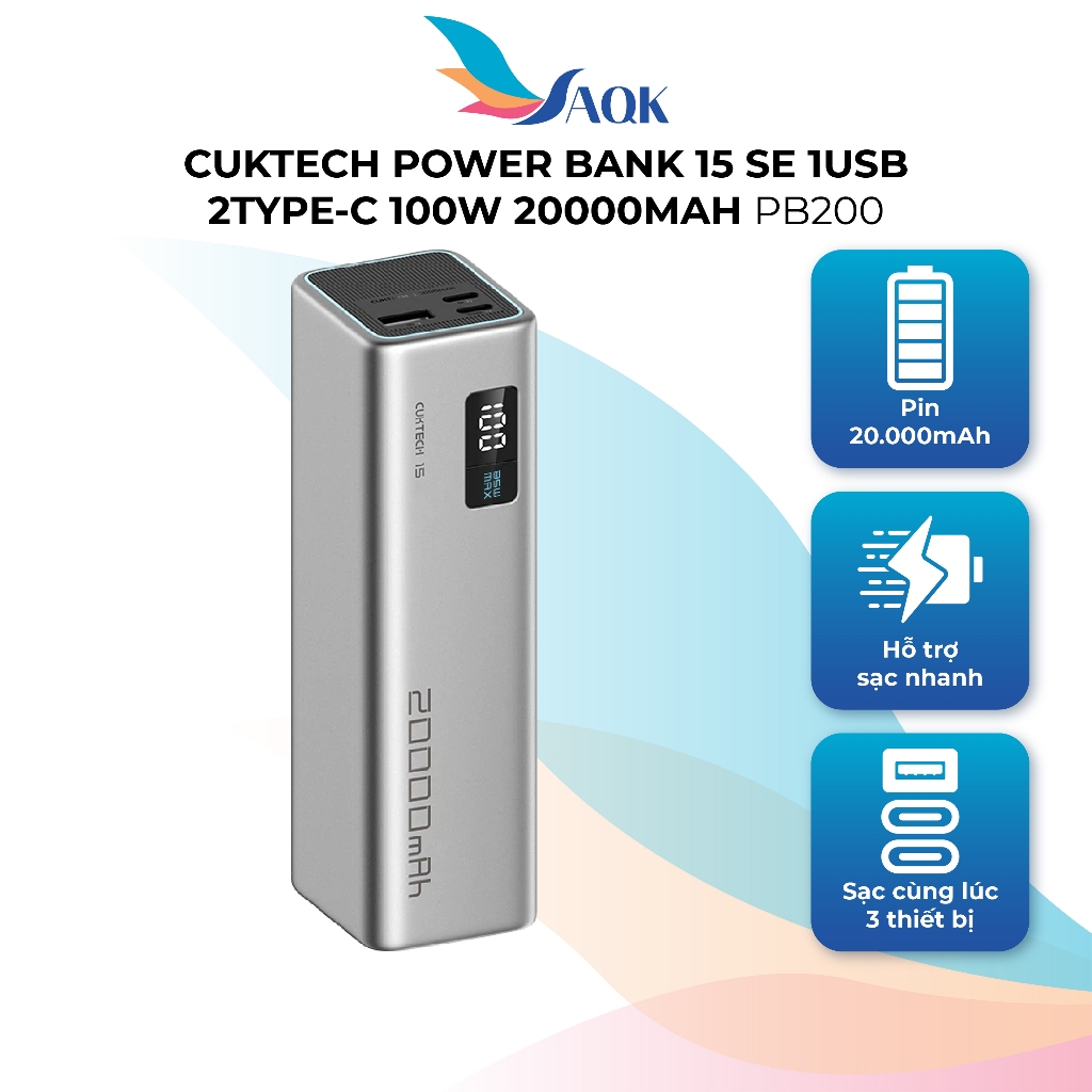 Sạc dự phòng Cuktech Power Bank 15 SE 1USB 2Type-C 100W 20000mAh PB200 - Hàng chính hãng