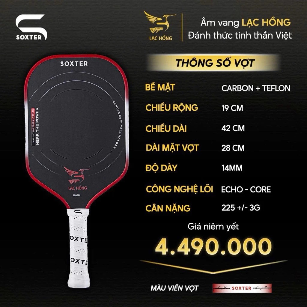 Vợt Pickleball Soxter Lạc Hồng Âm Vang Từng Cú Đánh Mặt Vợt Carbon T700 Toray Kết Hợp Teflon Suface 