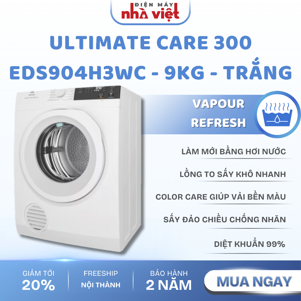 [EDS904H3WC] - Máy sấy quần áo Electrolux thông hơi 9kg VapourRefresh Trắng