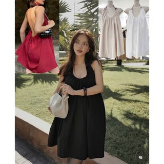  Trắng  Nude  Đỏ   Đen 2 lớp Vải gió mịn ít nhăn Đầm  Áo chữ A cổ yếm trễ hở lưng dây rút điều chỉnh gợi cảm GIENY DRESS 
