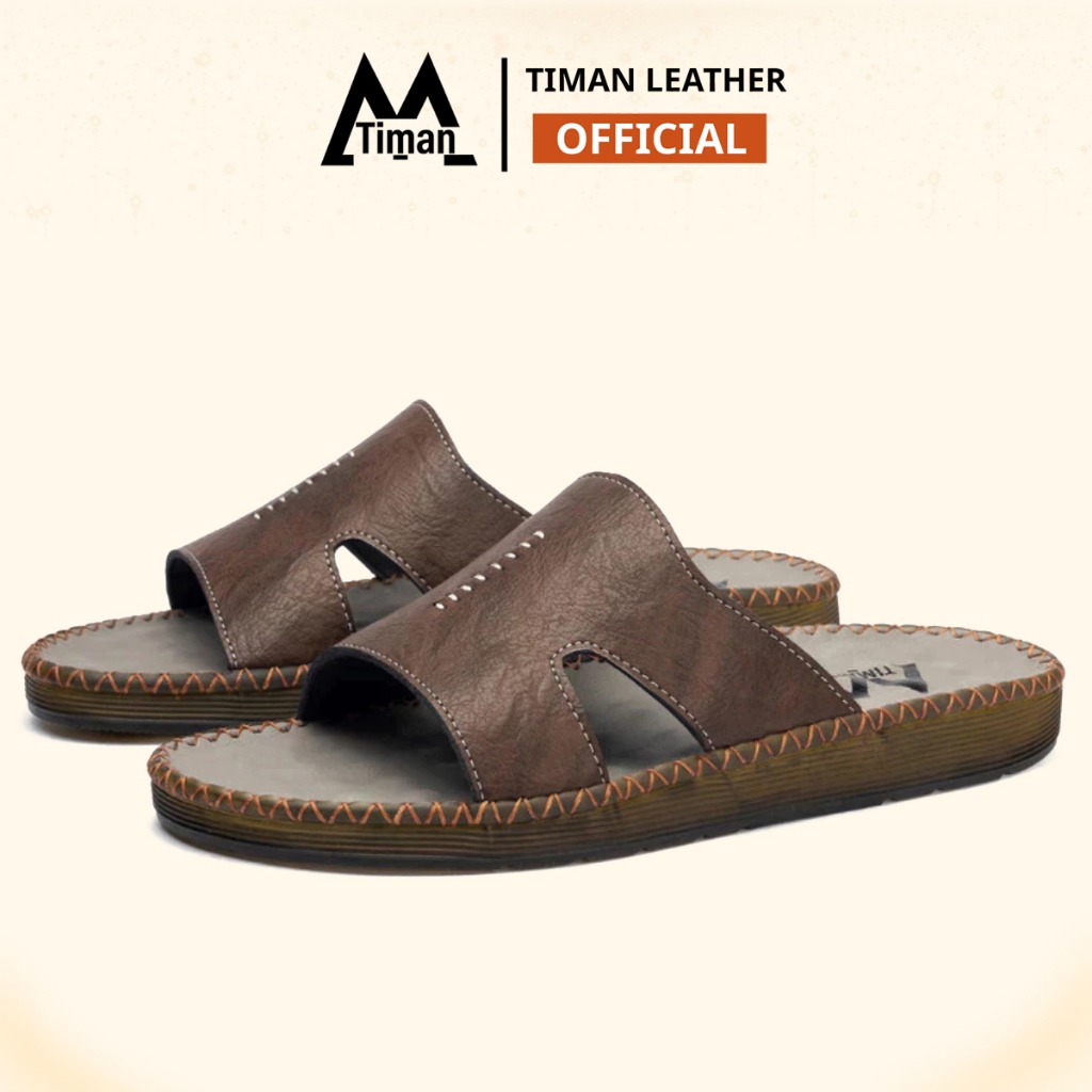 [2cm] Dép Nam Quai Ngang Da Bò Timanvn DL75 Cao Cấp Đế Khâu Chống Trơn Chống Trượt Bảo Hành 12 Tháng