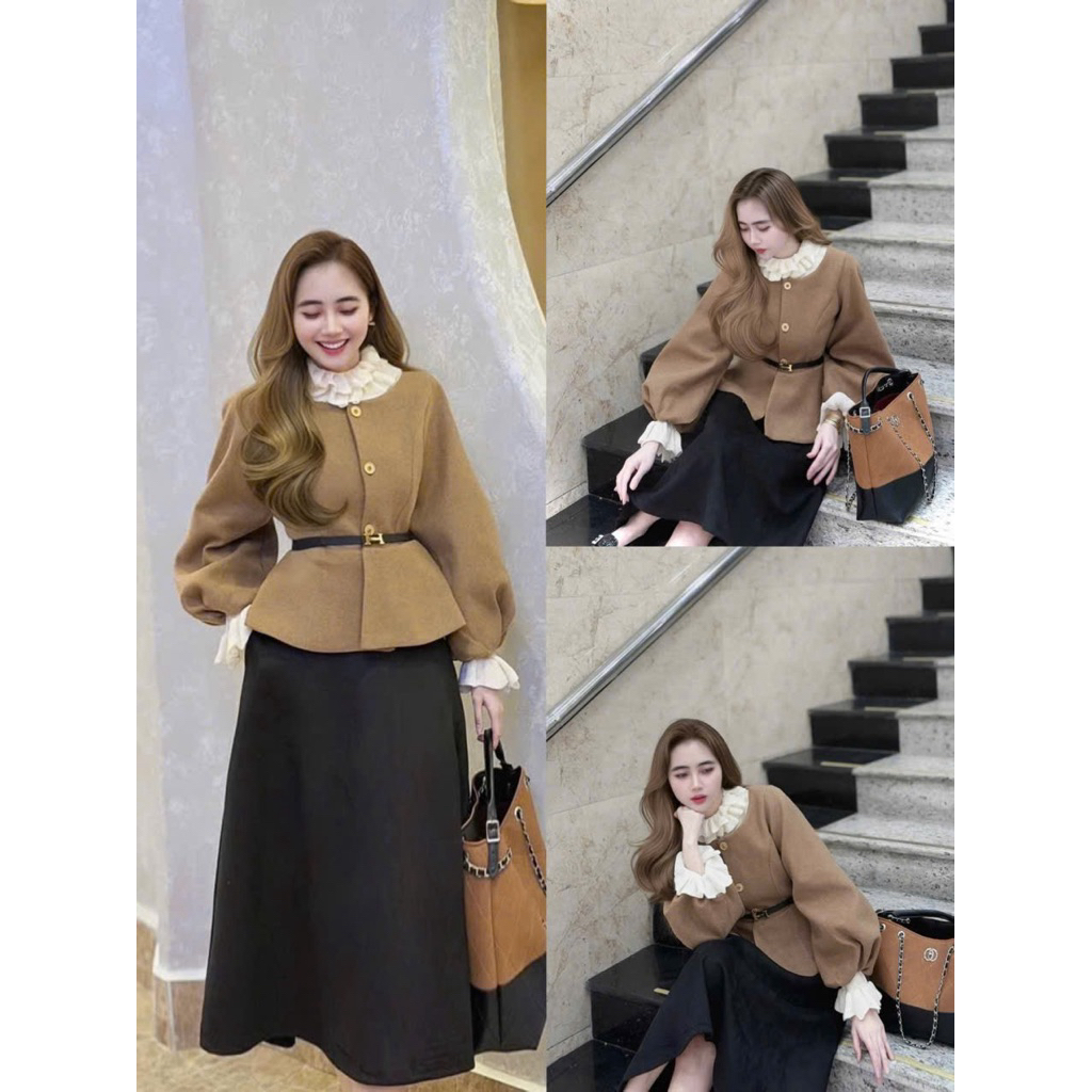 ELyNA studio sét dạ ép chân váy xoè , áo len bèo kèm đai da sang chảnh