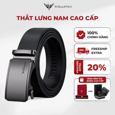 Thắt lưng nam mặt khoá bạc WILLIAMPOLO chính hãng khắc logo thanh lịch kèm hộp và túi