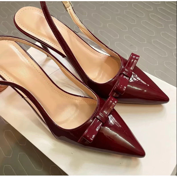 GIÀY CAO GÓT Chất Da Bóng NƠ THẮT NGANG 3 MÀU Bo Chụn Gót Nhọn Cao 7cm Dành cho Nàng đi chơi đi tiệc Shoes Nữ -CG-0726