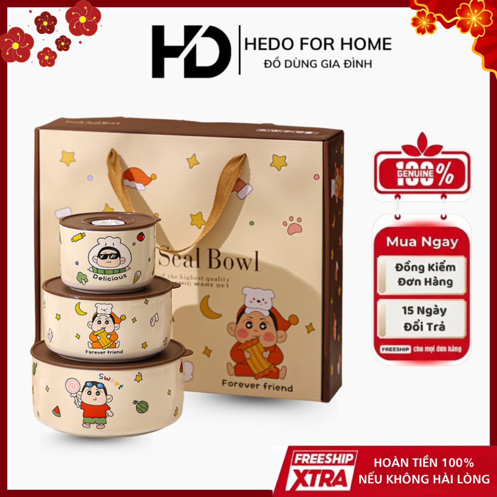 [TẶNG KÈM HỘP] Combo Set 3 Bát Sứ Cao Cấp Làm Quà Tặng Hình Nơ, Capybara, Mèo Có Nắp Hút Chân Không