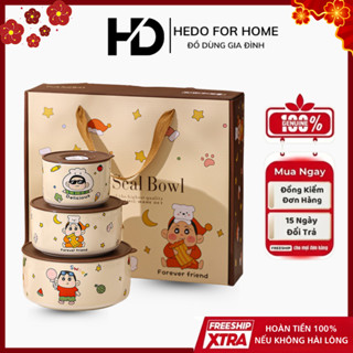 [TẶNG KÈM HỘP] Combo Set 3 Bát Sứ Cao Cấp Làm Quà Tặng Hình Nơ, Capybara, Mèo Có Nắp Hút Chân Không