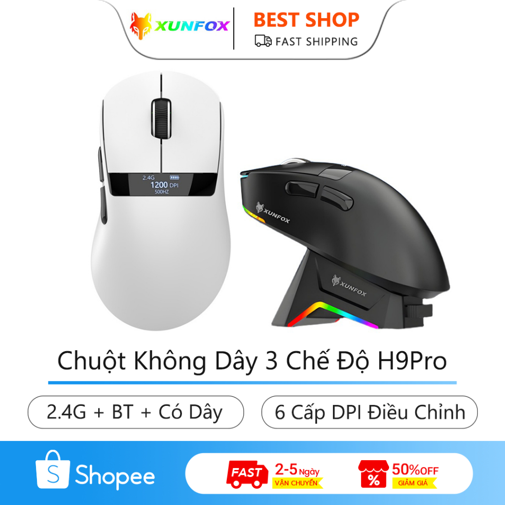XUNFOX Chuột Không Dây 3 Chế Độ H9Pro 2.4G + Bluetooth + Có Dây Màn Hình Lớn 6 Cấp Độ DPI Có Đế Sạc