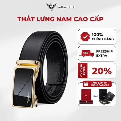 Thắt lưng nam da WILLIAMPOLO chính hãng mặt khoá kính viền khối cao cấp kèm túi và hộp POLO20527