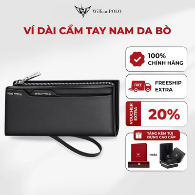Ví dài nam cao cấp da WILLIAMPOLO chính hãng, ví đứng cầm tay kèm hộp và túi sang trọng POLO191469-L
