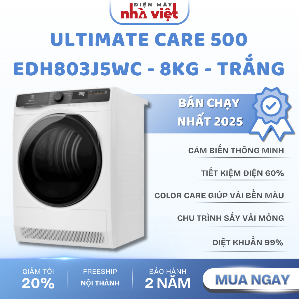 [EDH803J5WC] - Máy sấy quần áo Electrolux bơm nhiệt 8kg UltimateCare 500 Trắng
