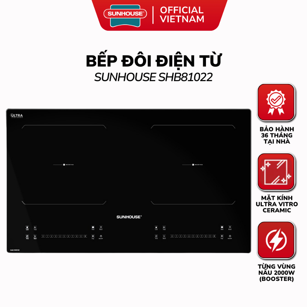 Bếp Đôi Điện Từ SUNHOUSE SHB81022 - Bảo Hành 36 Tháng, Công Suất 1 Vùng Nấu 2000W (Booster)