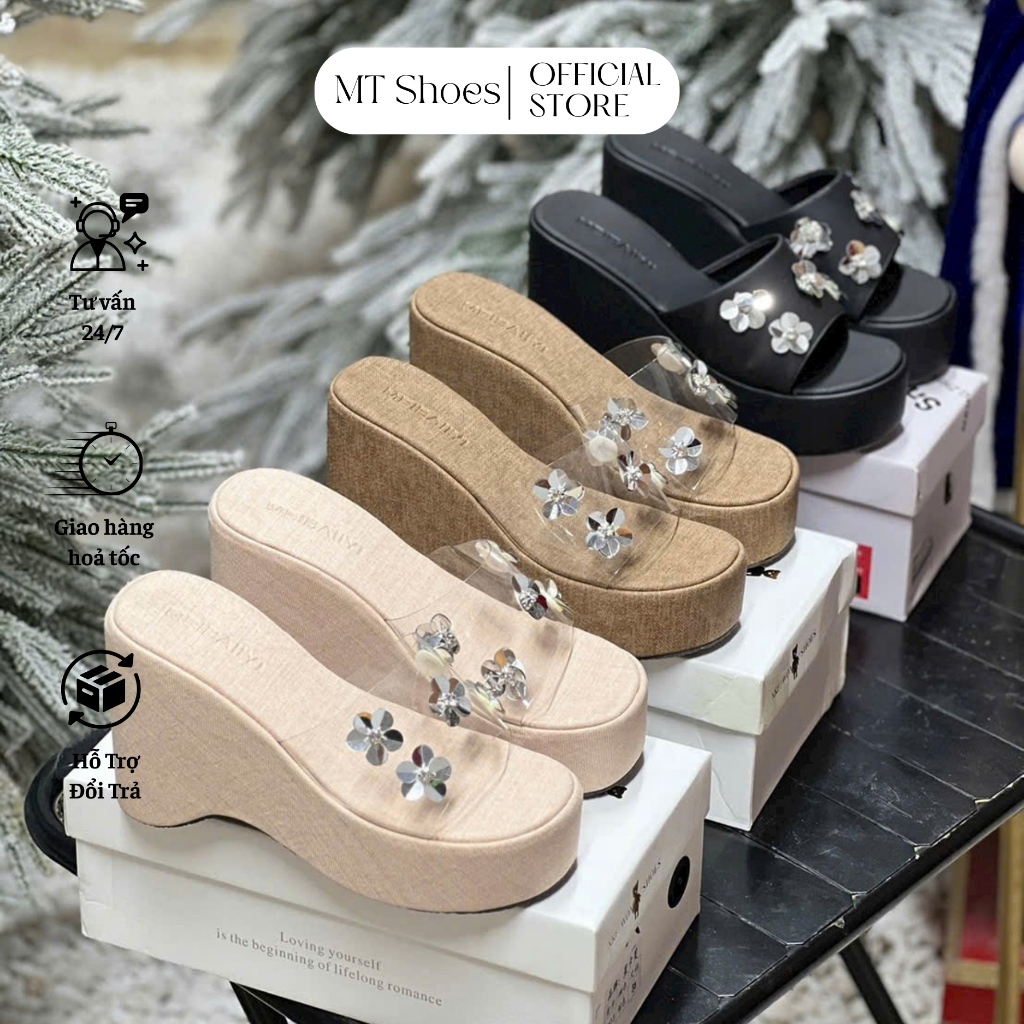 Dép Xuồng  MT Shoes Quai Ngang Đính Hoa Kiểu Đế Cao 9 Phân Form Đẹp Tôn Chân GD020