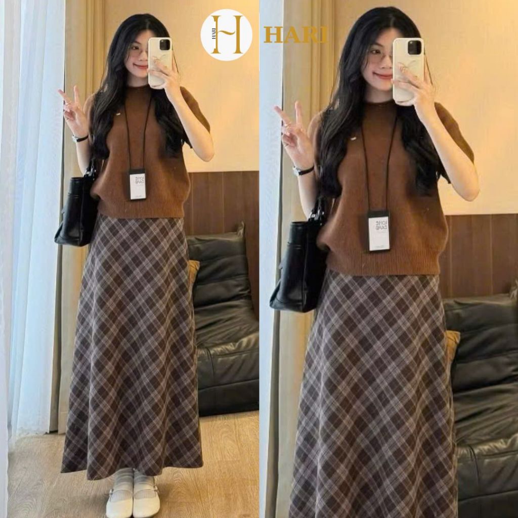 Chân váy dạ Hari Kẻ Dáng Dài Form A
