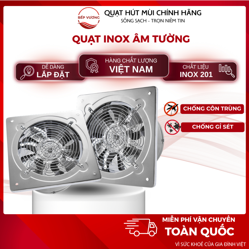 Quạt thông gió BẾP VƯƠNG vuông FD150–FD300 Inox 100% – Quạt hút gió công nghiệp, lắp tường bền bỉ