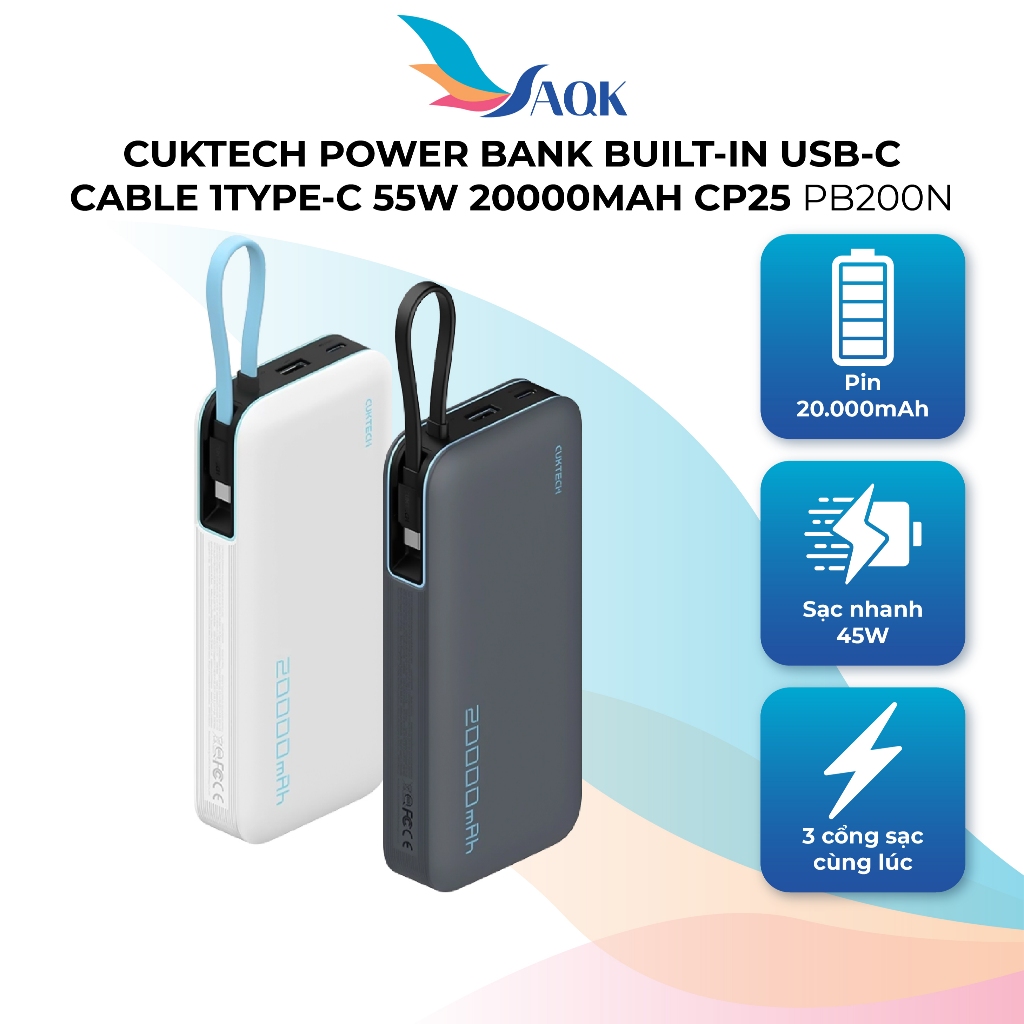 Sạc dự phòng Cuktech Power Bank Built-in USB-C Cable 1Type-C 55W 20000mAh CP25 PB200N - Hàng chính h