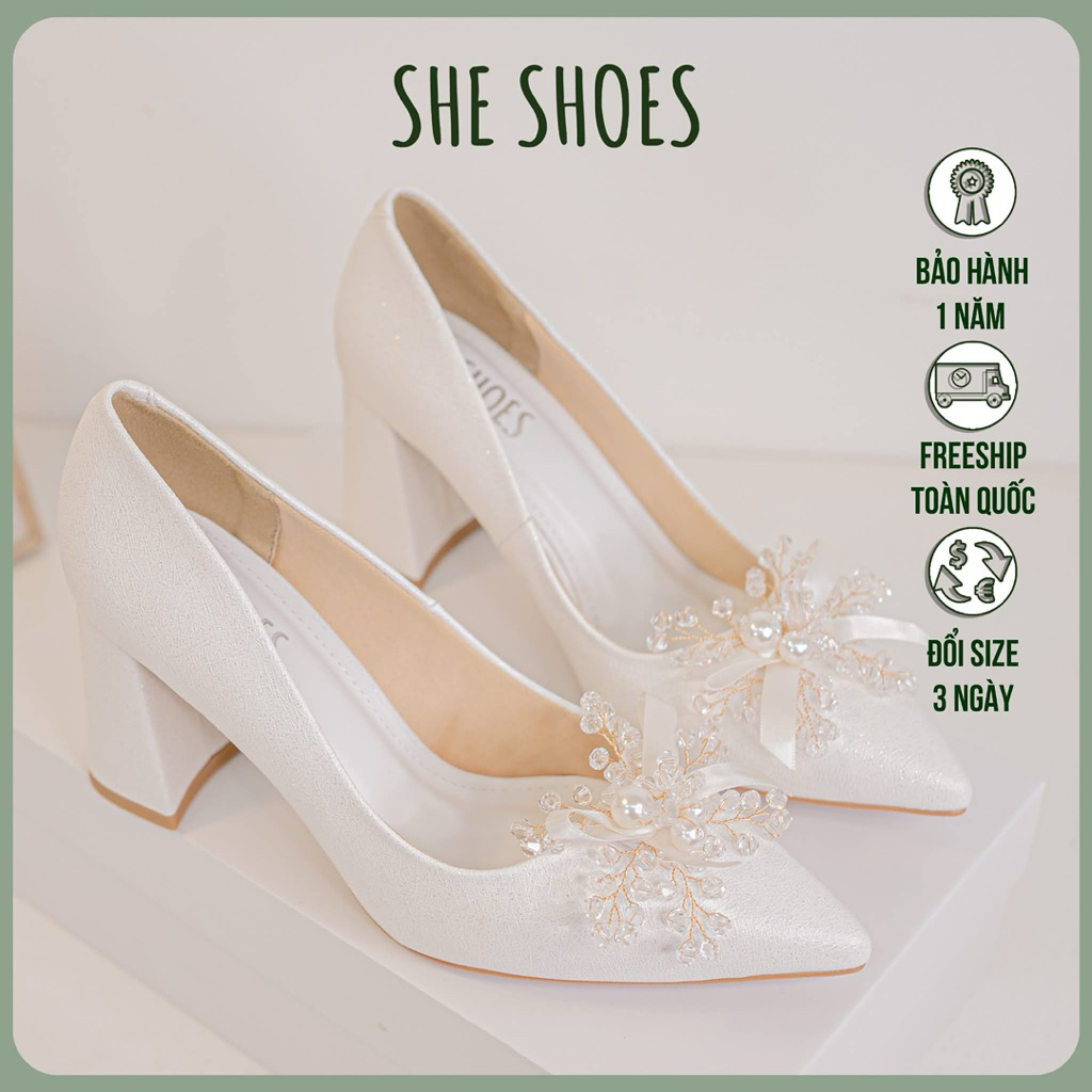 Giày cưới da nhũ trắng đính nơ lụa pha lê  - GC07006