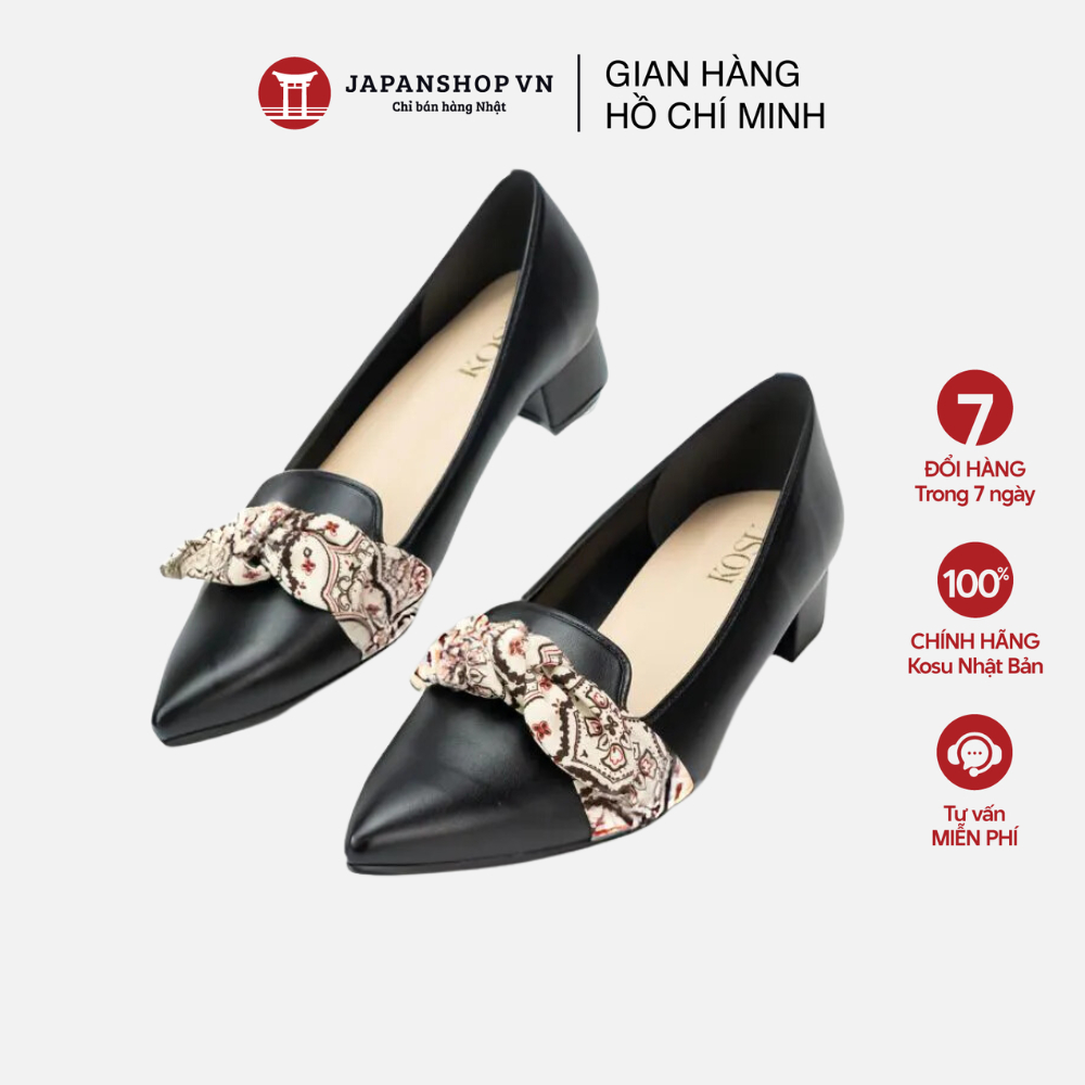 Giày da nữ 3cm Textured Bow Kosu 24309, Giày nữ công sở đế thấp siêu nhẹ không thấm nước chính hãng 