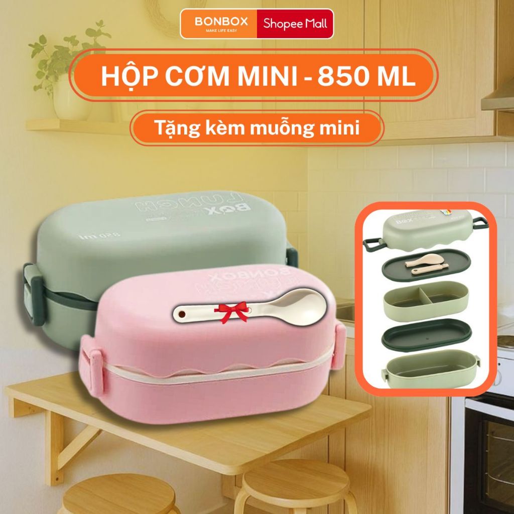 [TẶNG KÈM MUỖNG] Hộp cơm văn phòng giữ nhiệt mini 2 tầng cao cấp BONBOX