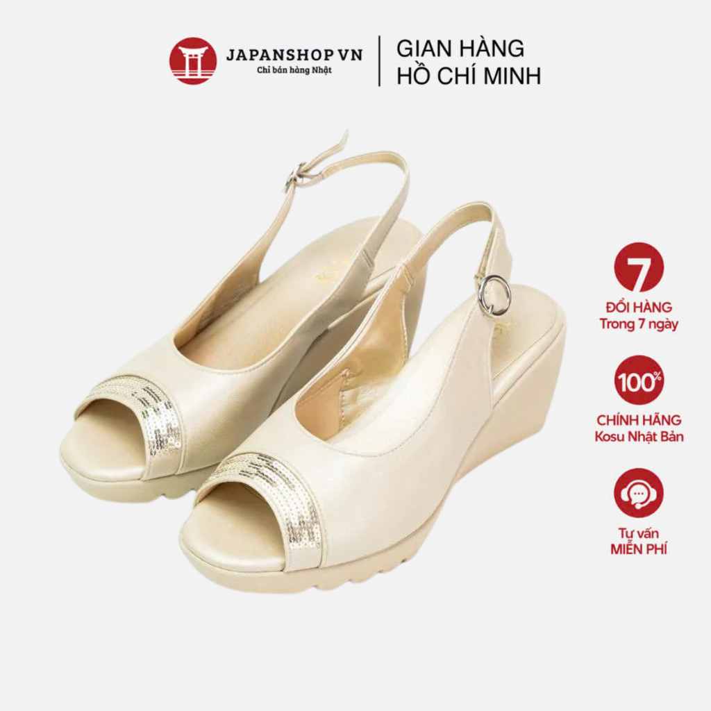 Dép Sandal đế xuồng 8CM đính sequin Kosu 24011, Sandan hở mũi siêu nhẹ, chống thấm nước, trơn trượt 