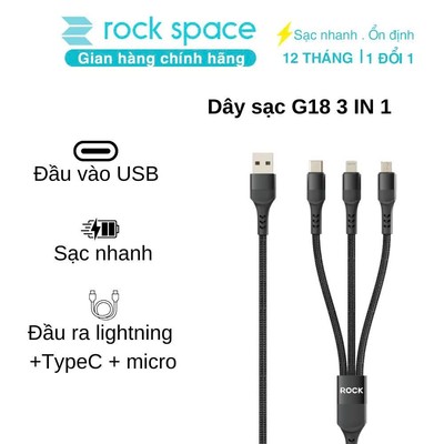 Dây cáp sạc nhanh chính hãng ba đầu Rockspace G18 Lightning Micro TypeC dây dù BH 12 tháng