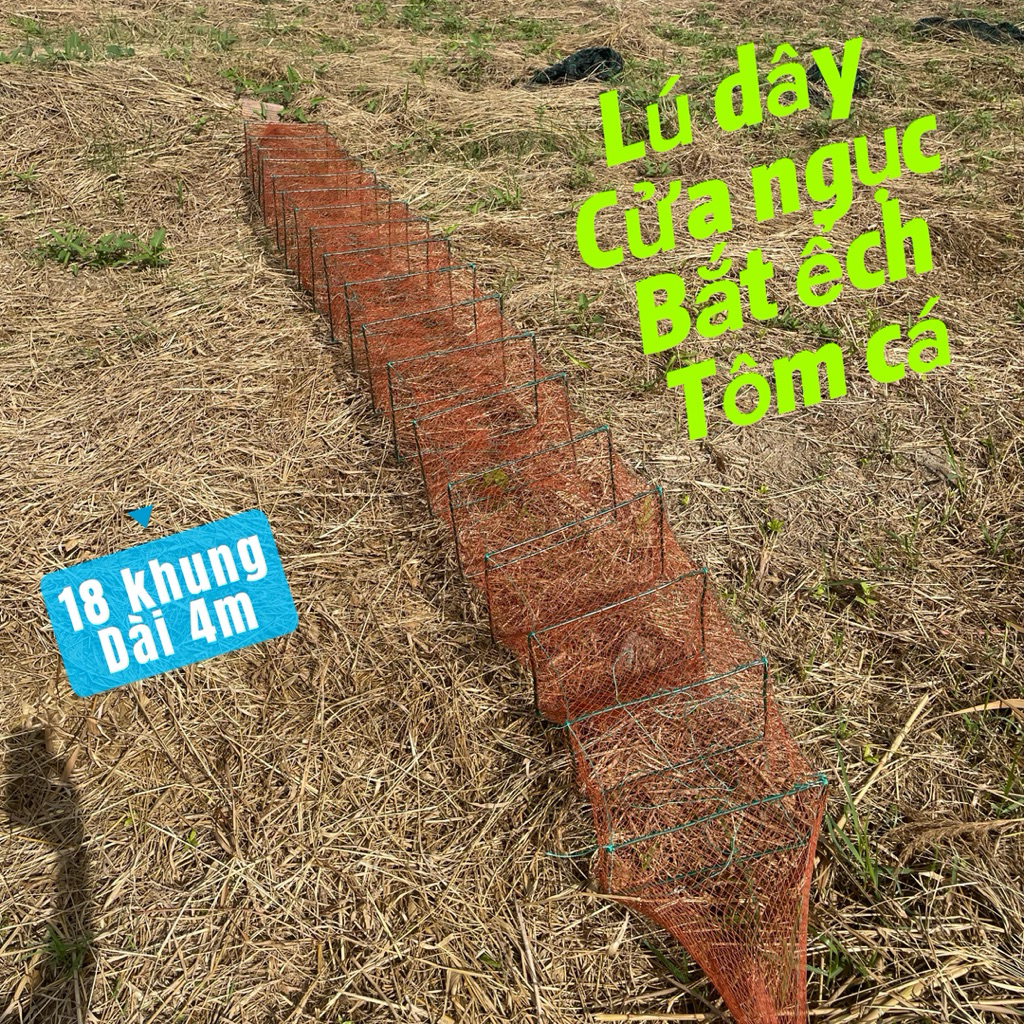 Lú dây cửa ngục bắt ếch, bắt tôm cá. 18 khung - Dài 4 met, ô lưới 2p5 chỉ mã lai độ 6