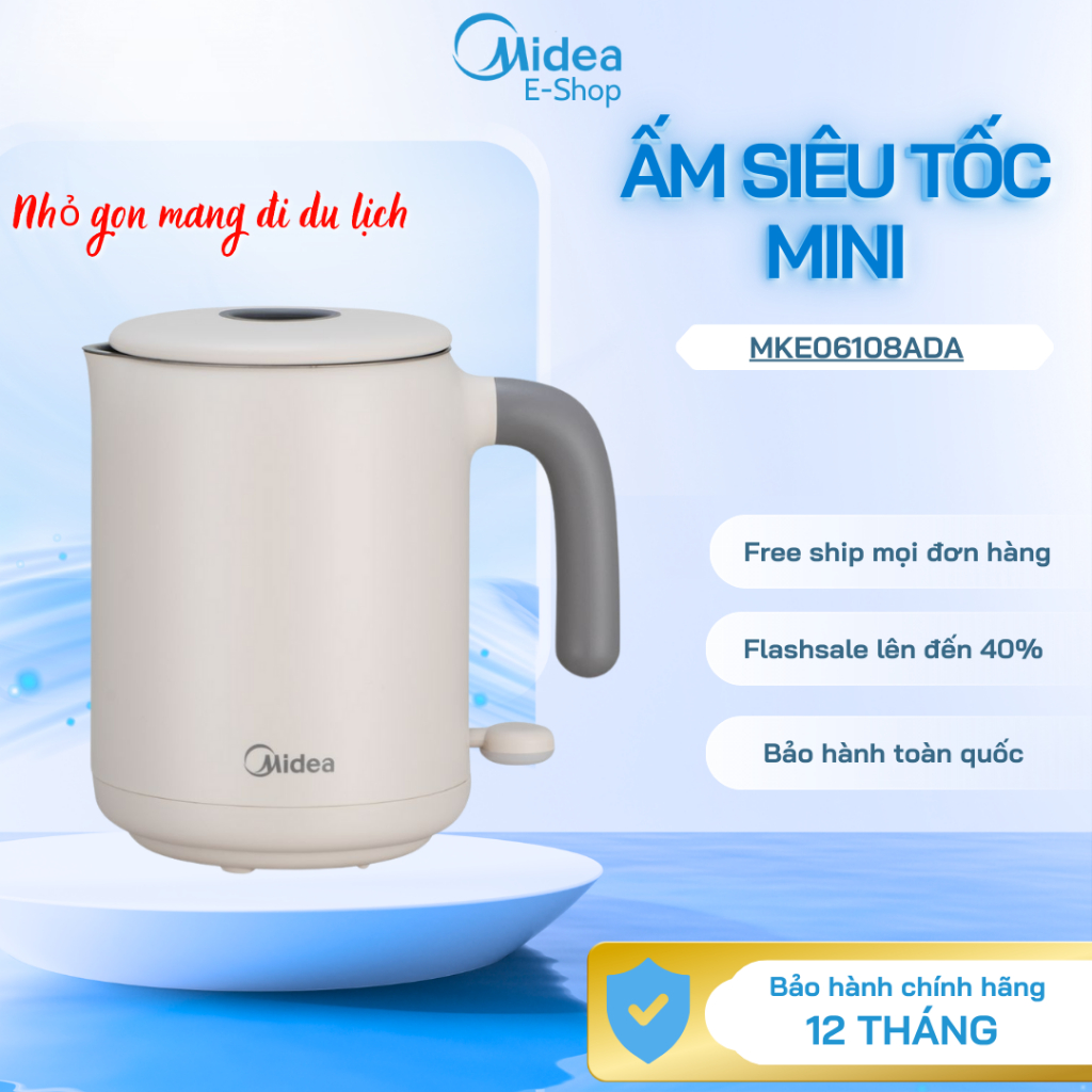 Ấm Siêu Tốc Mini Midea MKE06108ADA | 0.6L, 800W, Ấm Điện Du Lịch Văn Phòng Midea Chính Hãng
