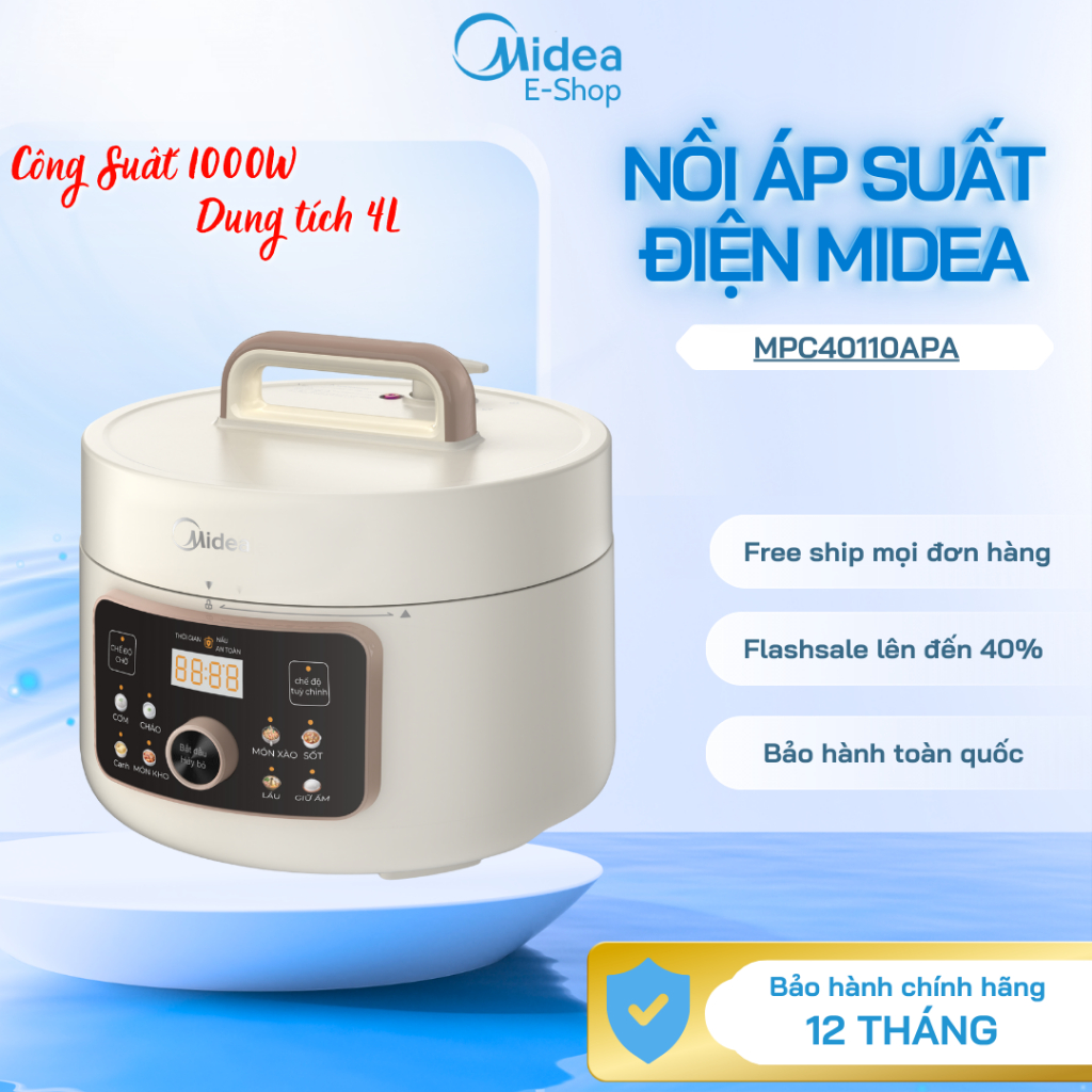 Nồi Áp Suất Điện Đa Năng Midea MPC40110APA | 4L 1000W, Nấu Hầm Cháo, Tiết Kiệm Điện