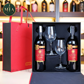 [Chính hãng] - Hộp Quà Tặng Tết 2 Chai Rượu Vang Chính Hãng Kèm 2 Ly Sang Trọng - Hộp Da Vip Có Dây Xách - Mia Wine