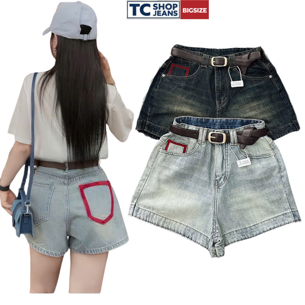 Quần Short Jean Túi Viền Chỉ Đỏ Nổi Bật TC SHOP JEANS BIGSIZE 55kg-90kg Chất Jean Mang Đi Chơi Mã 13