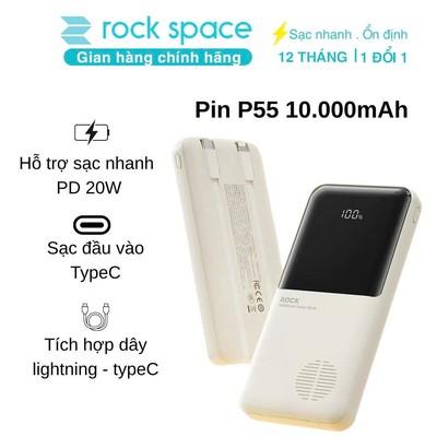 Pin sạc dự phòng Rock P55 Rockspace 10.000mAh tích hợp cáp hàng chính hãng bảo hành 12 tháng