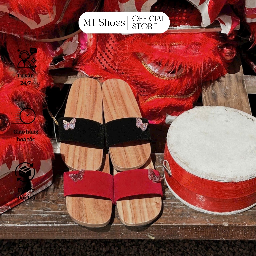 Guốc Gỗ Dép Guốc Mộc Đế Bệt Phối Charm Quai Mềm Êm Kiểu Dáng Truyền Thống MT Shoes GM008