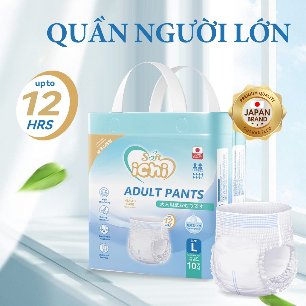 Quần Bỉm Người Lớn Soft ichi Cao Cấp Nhật Thấm hút 12H | Chống tràn hiệu quả | Vải thoáng khí | Size M/L/XL - 10 miếng