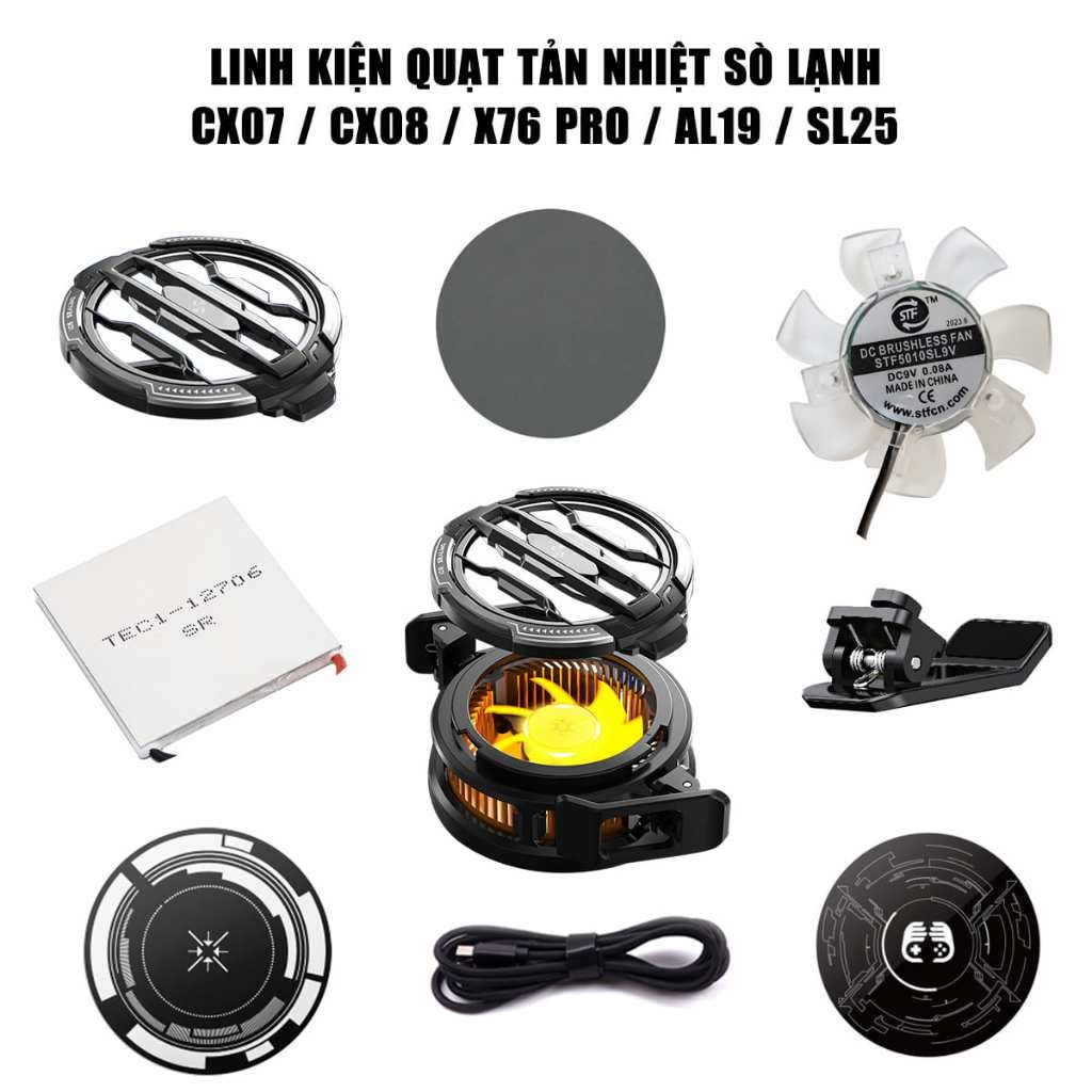 Linh kiện quạt tản nhiệt sò lạnh CX07, CX08, X76 Pro, AL19 tấm từ tính, ngàm kẹp, cáp sạc, quạt, mai