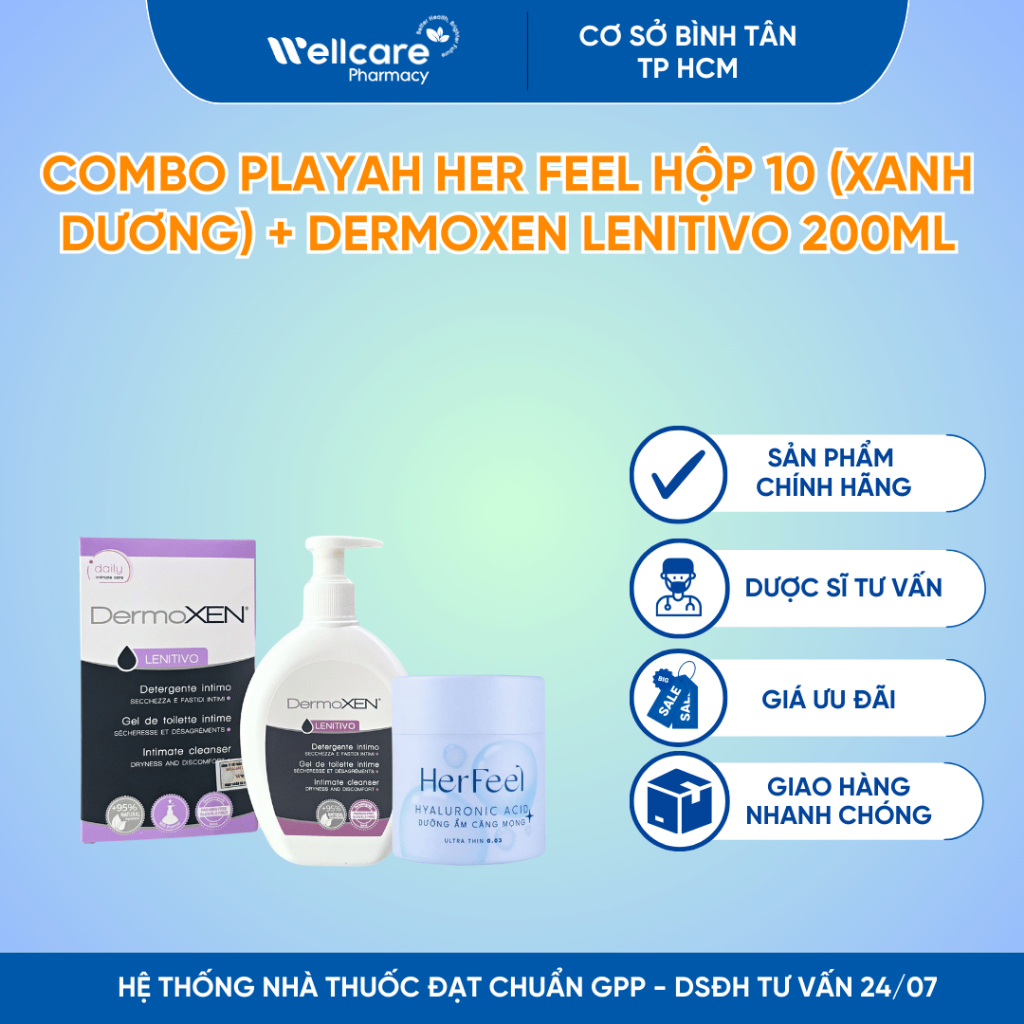 Combo PlayAh Her Feel Hộp 10 (xanh dương) + Dermoxen Lenitivo 200ml