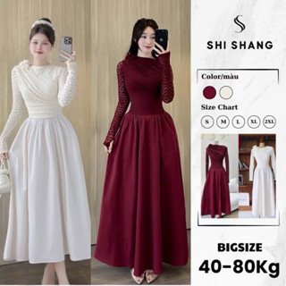  Đầm dự tiệc dáng dài đính hoa vai Shi Shang váy maxi ren phối thô thiết kế Bigsize chiết eo tôn dáng 