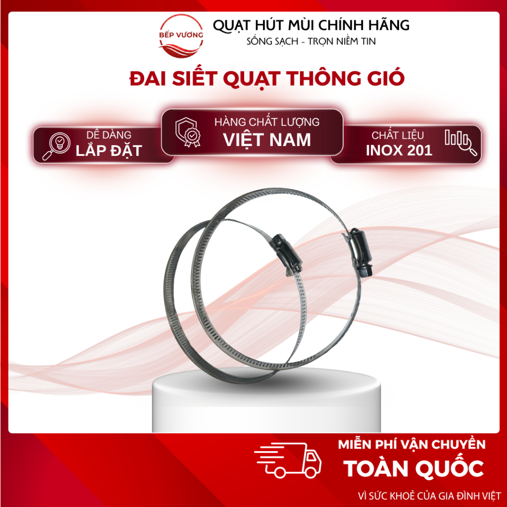 Đai xiết inox BẾP VƯƠNG cổ dê cho ống gió HF100–HF300, bền bỉ, chống gỉ cho quạt hút và ống mềm.