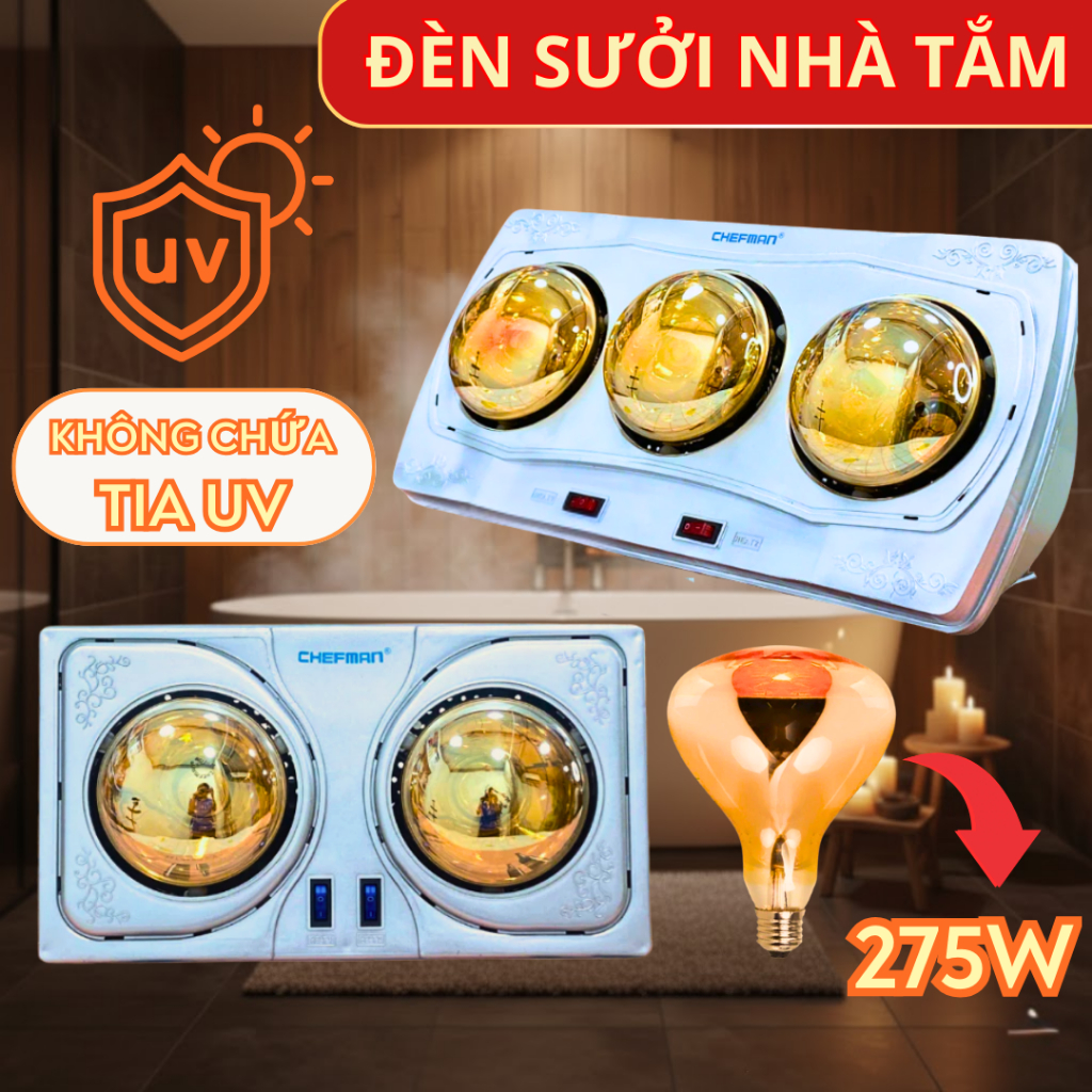 Đèn sưởi nhà tắm CHEFMAN bóng Halogen chịu nhiệt tốt, không khô da công suất 825W tiết kiệm điện
