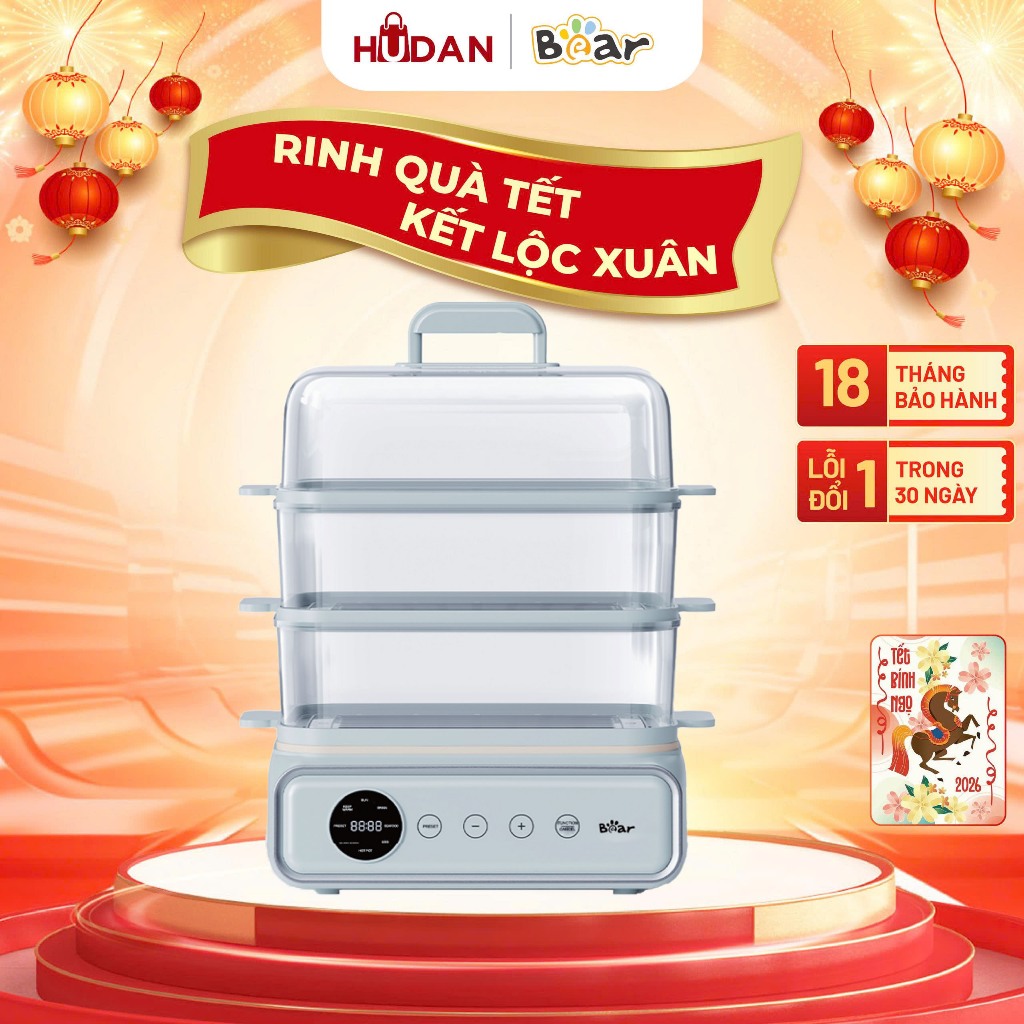 Nồi lẩu hấp BEAR 21.5L DZG-P20W7 Tiếng Việt Lẩu và Hấp 3 Tầng Hấp Cá Hấp Bánh Chưng Yến BH 18 tháng
