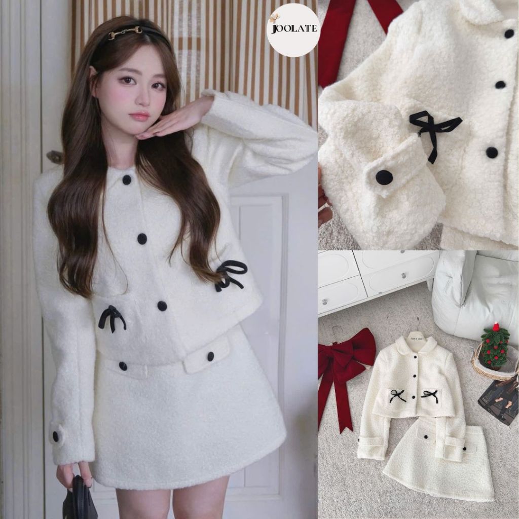 et Váy Dạ Áo Cổ Sen Đính Nơ Nhỏ, Set Tiểu Thư Thanh Lịch, Váy Dạ Thu Đông Cao Cấp Joolate 3733 P5K1